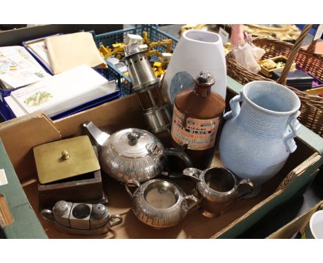 Box of Portmieron dusk vase, Royal Cauldon vase, stoneware ink bottle, Walker &amp; Hall teapot, milk and sugar, novelty mine