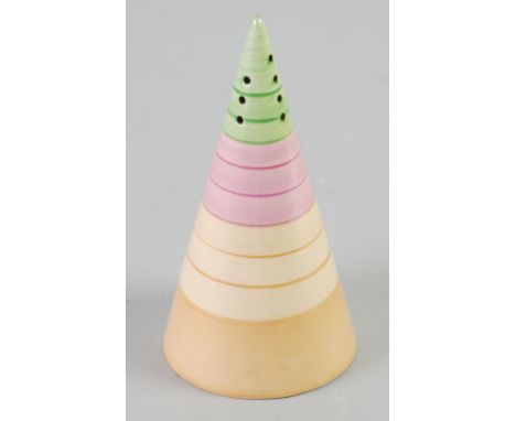 CLARICE CLIFF FOR NEWPORT POTTERY 'BIZARRE' CONICAL SUGAR CASTOR, banded in tones of green, pink and brown, 5 1/2" (14cm) hig