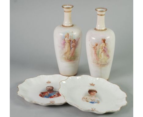 PAIR OF ROYAL DOULTON EARLY TWENTIETH CENTURY CHINA TALL OVOID VASES, painted with Nymph like figures of girls playing catch,