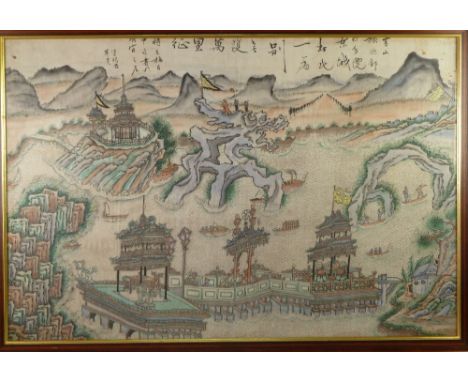 A CHINESE LATE QING DYNASTY BLACK INK AND WATERCOLOUR ON SILK DRAWING, a maritime scene with gunboats, steamships, sailing an