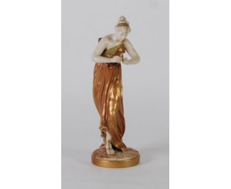 A CIRCA 1890 ROYAL WORCESTER PORCELAIN JAMES HADLEY MODELLED FIGURE of a classical maiden playing Pan Pipes, her robes enrich