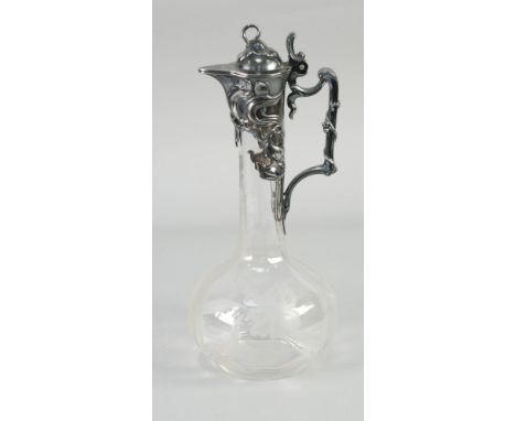 A WMF ART NOUVEAU SILVER PLATES WHITE METAL MOUNTED AND ETCHED CLEAR GLASS DECANTER JUG, the mount with curvilinear flowers, 