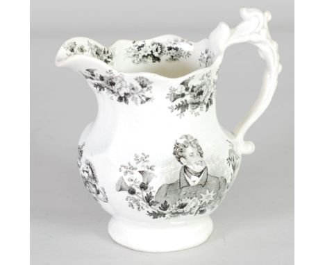 EARLY NINETEENTH CENTURY G.B.H. GEORGE IV ROYAL COMMEMORATIVE POTTERY JUG, 1830, black printed with portrait, royal coat of a