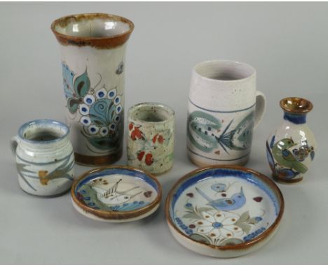 SEVEN PIECES OF STUDIO POTTERY COMPRISING; MARIANNE DE TREY LARGE MUG PATTERN VASE, painted in tones of blue with a band of s
