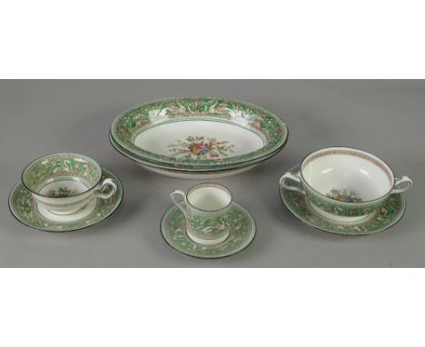 SIXTY SIX PIECES OF WEDGWOOD 'FLORENTINE' GREEN DINNER, TEA AND COFFEE WARES, comprising; 10 CONSOMME CUPS AND SAUCERS, 8 TEA