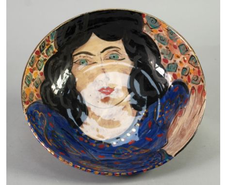KAREN ATHERLEY HAND PAINTED EARTHENWARE POTTERY FRUIT BOWL, of steep sided, footed form, painted in colours and gilt with a b
