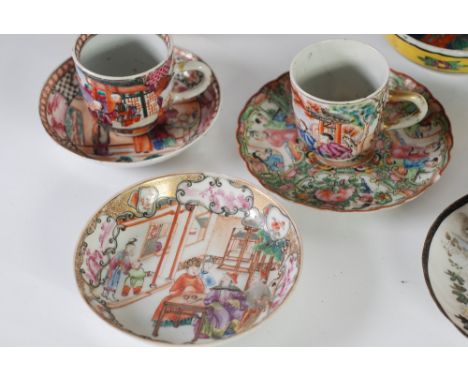 THREE LATE EIGHTEENTH/EARLY NINETEENTH CENTURY CHINESE FAMILLE ROSE PORCELAIN TEA CUPS AND THREE SAUCERS, two other saucers, 