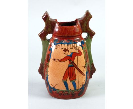 DESMANT, FRENCH EARTHENWARE POTTERY TWO HANDLED VASE, of high shouldered form with heavy strap type handles to the waisted ne