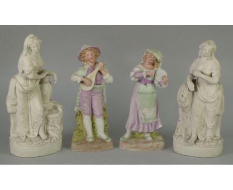 PAIR OF HEUBACH EARLY TWENTIETH CENTURY TINTED BISQUE FIGURE OF A BOY AND GIRL IN COSTUME,  he playing a mandolin, she a tamb