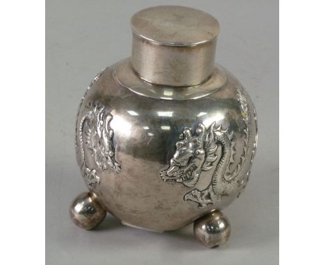 LUENWO LATE NINETEENTH/EARLY TWENTIETH CENTURY CHINESE SILVER ORBICULAR TEA CADDY AND CYLINDRICAL PUSH ON COVER, the body app