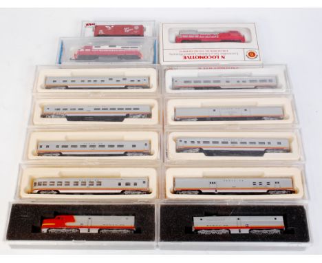 A Con-Cor Santa-Fe PA1 and PB1 dummy diesel locomotives (G-BG), 8 compatible passenger cars (G-BG), and Bachmann GP40 Western