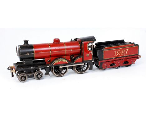 A Bassett Lowke clockwork red 'Duke of York' engine and tender in poor condition with folds to cab, scratches and chips to bo