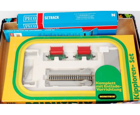 A Minitrix N gauge Kipploren (hopper car) unloading set (M-BM) together with Peco electrofrog LH point and some Setrack doubl