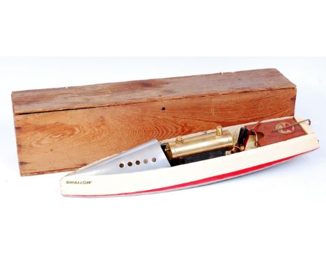Bowman Models, Swallow Steam Boat, of wooden construction, comprising of horizontal boiler powering a single oscillating cyli
