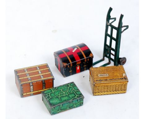 Hornby 1931-3 Railway Accessories No. 1 set comprising darker green truck with cast wheels, round top trunk with red and buff