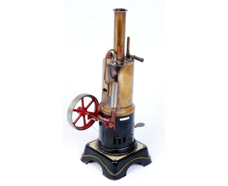 Bing, early plated vertical steam engine with single oscilating cylinder, sight glass, whistle, safety and filler cap, single