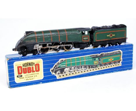 A Hornb y Dublo 3-rail 3211 'Mallard' engine and tender, paintwork losses to raised edges, fold to tender and loss to lining 