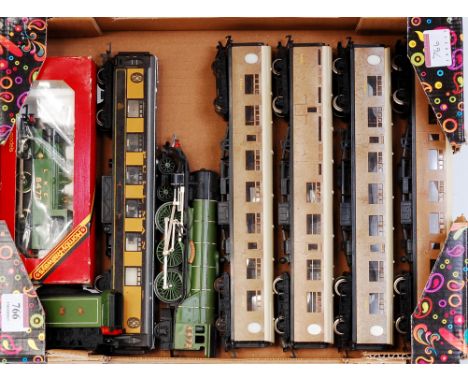 Hornby R252 LNER tank engine (G-BFG), LNER green 'Flying Scotsman' engine and tender and 4 Thompson teak coaches (FG), and a 