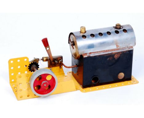 Meccano un-boxed Horizontal Steam engine, comprising of tin housed boiler, with burner, powering a small spoked fly wheel, wi
