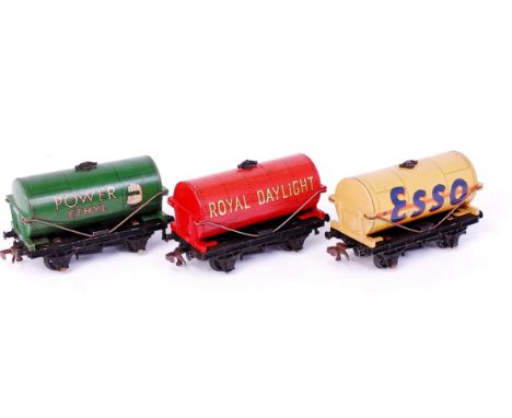 3 Hornby Dublo D1 tank wagons, Esso buff, Power Ethyl with hand logo, and Royal Daylight red, no boxes (all G)