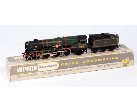 A Wrenn W2238 BR green 'Clanline' engine and tender, model has been converted to 3 rail use and Golden Arrows insignia added,