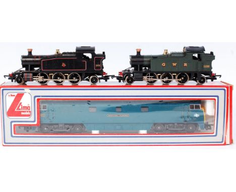 Lima GWR green and BR black small prairie tank engines (F-G) and a Lima BR blue 'Western Renown' diesel locomotive 
