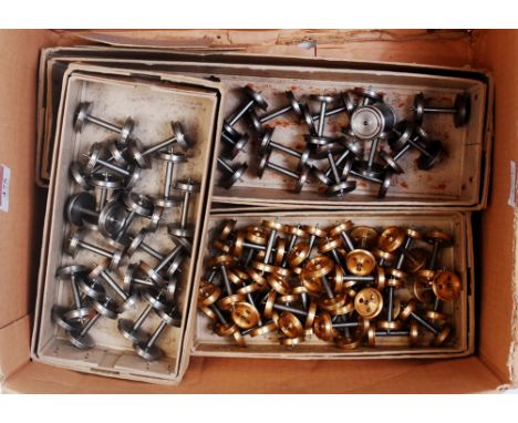 3 boxes of coarse scale wheels as removed from retails shop including 29 axles steel coach wheels, 20 axles steel diesel whee