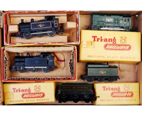 A Triang TT gauge T90 0-6-0 tank engine (G-BG), another (F-BG), an 0-6-0 diesel shunter, in wrong box (G-BG), T92 and T98 ten