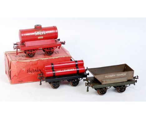 Hornby 1925-7 Shell petrol tank wagon, red, open axleguard base, pressed filler missing cast top (F-BP) with a 1925-6 LMS gas