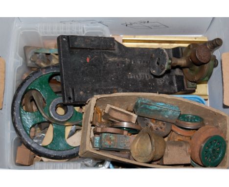 Collection of mixed steam engine accessories and fittings, to include cylinder castings, casings, pulley wheels, fly wheels a