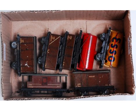 5 prewar Hornby Dublo D1 wagons Esso buff tank wagon Royal Daylight tank wagon, LMS goods, high side and van (all F) and post