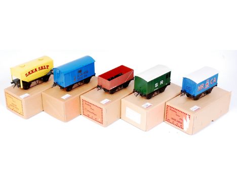 5 Directory Series 0 gauge tinplate wagons all with auto couplings, 'Saxa' hopper, NE steel mineral, 'Carrs', SR horsebox and