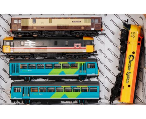 A Lima class 73 electro-diesel No. 73101 'The Royal Alex' in Pullman umber/cream, another in BR NSE livery No. 73201 'Broadla