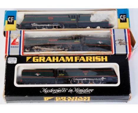 Three N gauge Graham Farish West Country Class 'Spamcan' 4-6-2s, renamed / renumbered No. 34041 'Wilton' (VG,BG), No. 34043 '