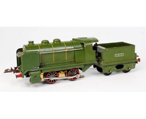 A French Hornby freelance electric IS green SNCF 0-4-0 engine and tender, damage to one buffer, much touching in and repainti