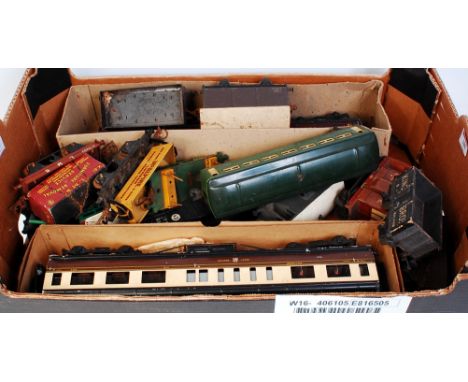 A large tray of rolling stock by various manufacturers including Exley GW restaurant car, Hornby prewar No. 1 lumber wagon, a