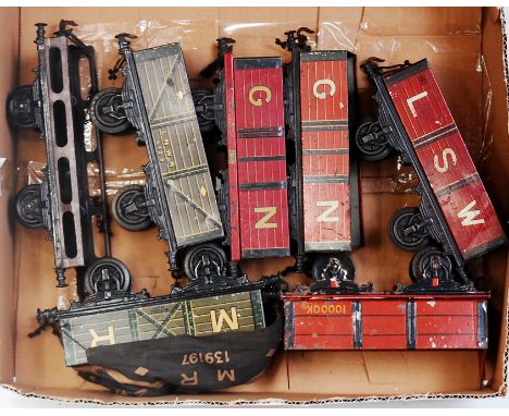 6x Bing GI wagons including 2x GN opens, LSW open, LNWR open, MR open with sack load and tarpaulin, carriage truck with a Mar