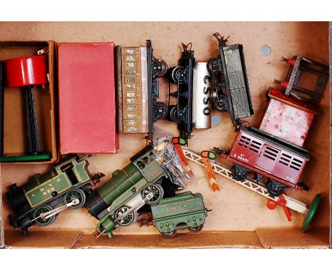 Mixed lot of Hornby items LNER 501 engine and tender, 101 tank engine, No. 1 teak coach and cattle truck (boxed), water tank 