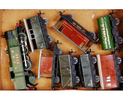 Hornby Dublo post war 3-rail LNER green EDL7 tank engine, 6 post grouping and a 'Power' petrol D1 wagons (G)