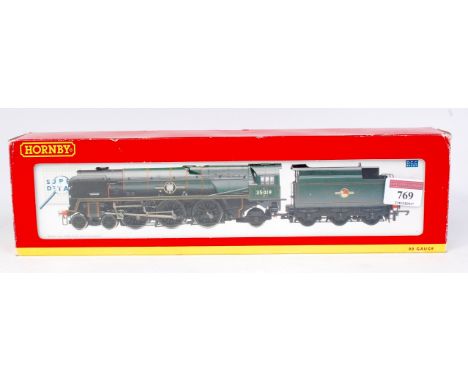 A Hornby R2528 BR rebuilt Merchant Navy class engine and tender 35013 'Blue Funnel', has been professionally weathered as 72A