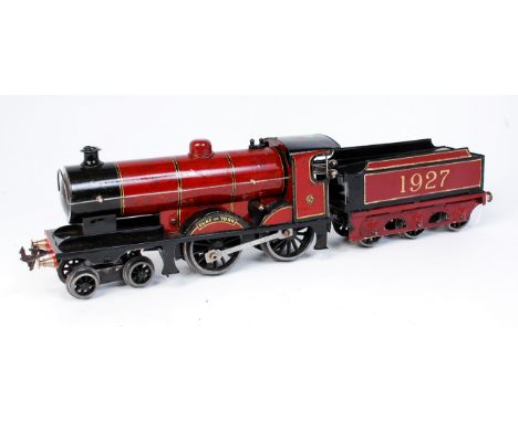 A Bassett Lowke LMS red lined black yellow 'Duke of York' clockwork engine and tender, much touching-in to locomotive which h