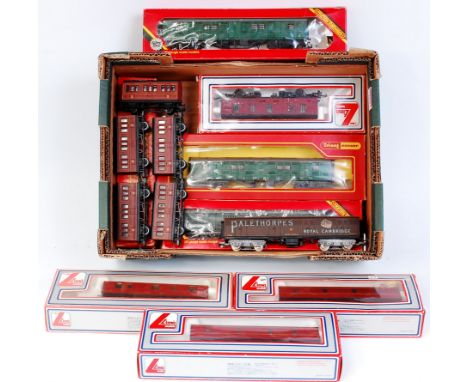 2 Lima BR maroon 4 wheel CCT vans (VG,BG) 2 Lima LMS bogie GUV vans (VG,BG), 4 Hornby SR green bogie luggage vans, one weathe