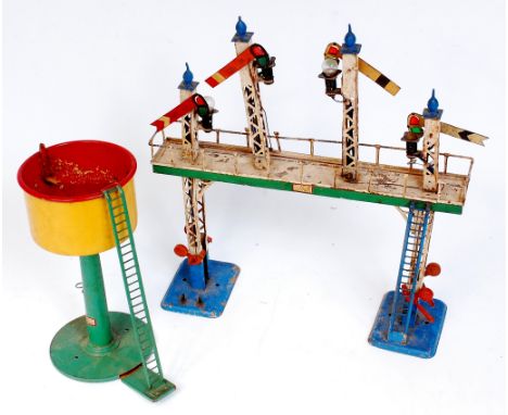 Hornby 1935-6 No. 2E signal gantry with green bridge lining, lighter blue bases, ladder and finials, red levers and red dista