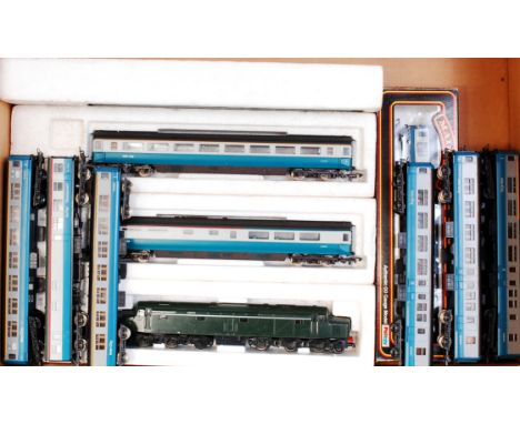 A Mainline BR blue/grey Mk1 second class coach (G-BG) together with Jouef 1Co-Co1 green diesel locomotive and 3 Mk3 blue/grey