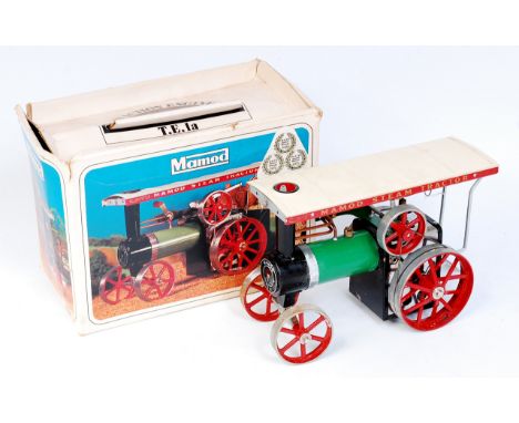 Mamod TE1A Live Steam Traction Engine, finished in green with white canopy and red detailing, in the original box, with steer