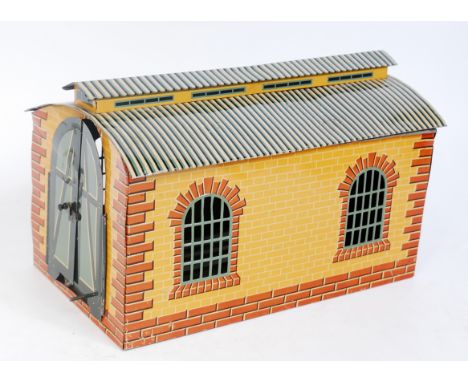 Bing lithographed single c/w road engine shed - yellow sides with blue/grey doors, and yellow/green striped roof, requires re