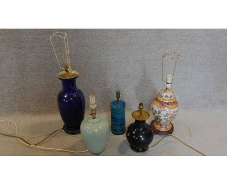 A miscellaneous collection of five various table lamp bases. H.80cm 