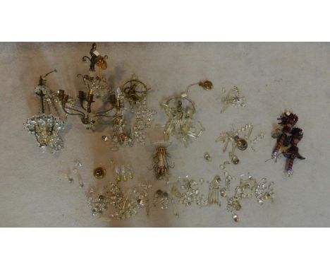 A crystal ceiling chandelier and two other similar light fittings. (A/F and in need of repair, not all parts present) 