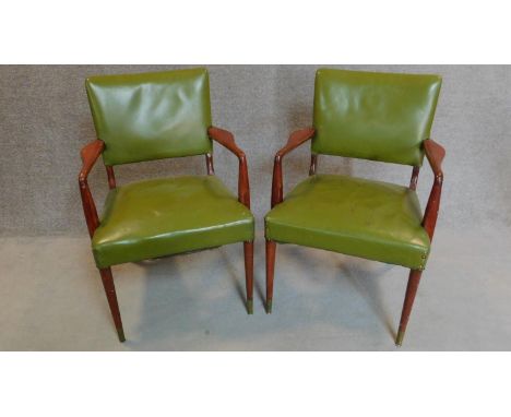 A pair of vintage green leather upholstered mahogany framed armchairs. H.88cm 