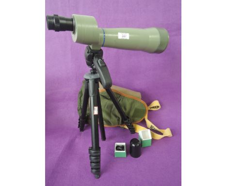 An Opticron spotting scope 75mm with spare lens, Manfrotto tripod and Billingham camera bag